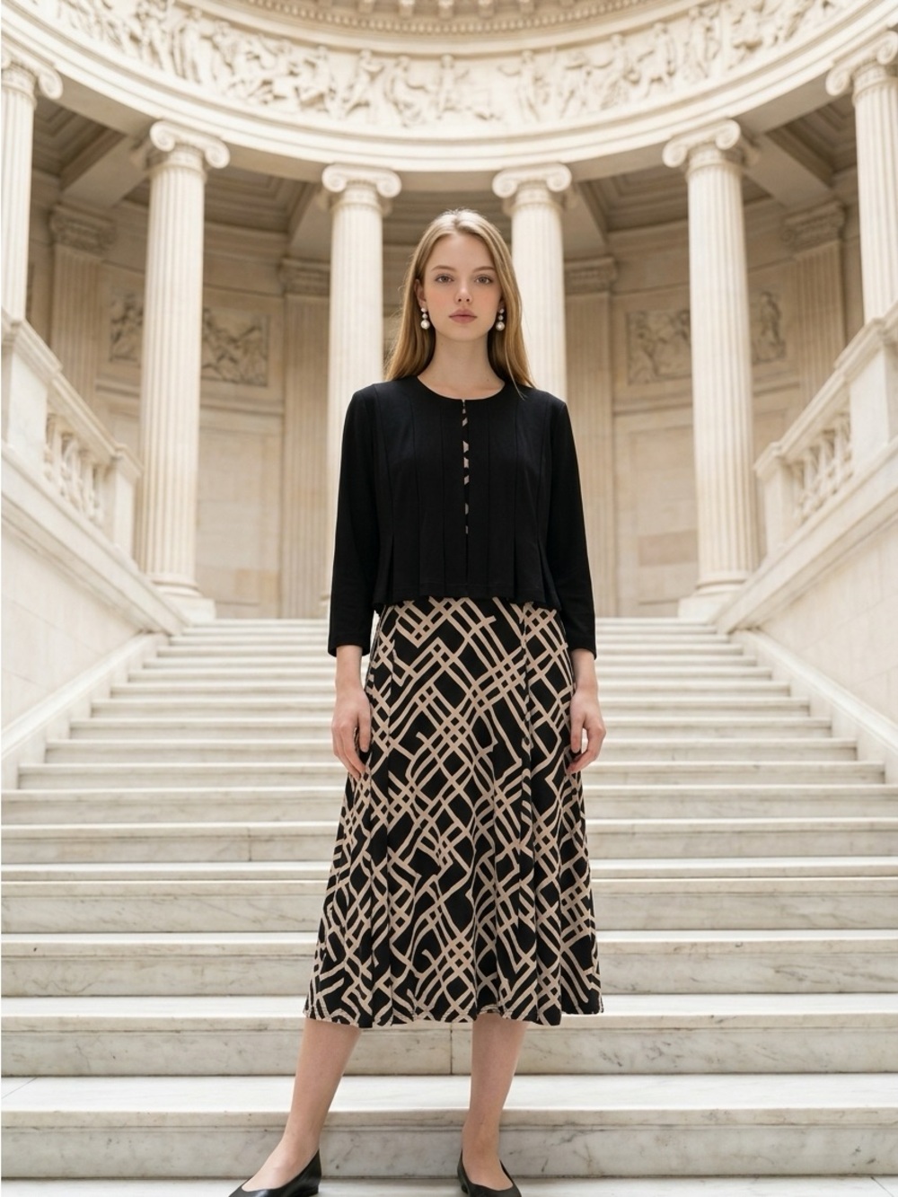 Danny & Nicole Black and Beige Geometric Midi Skirt